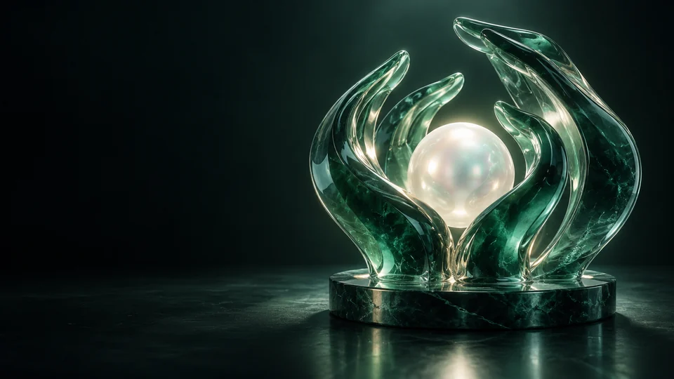 Curved green glass forms surround a pearl-colored sphere on a round green base.