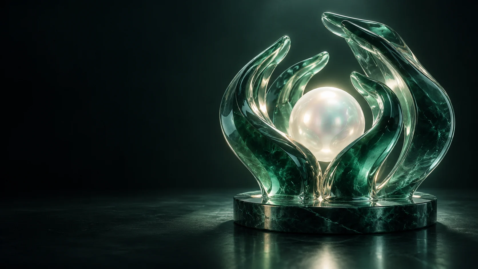 Curved green glass forms surround a pearl-colored sphere on a round green base.