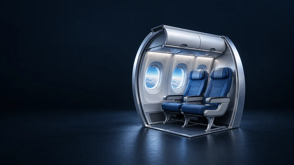 Cutaway aircraft cabin with two blue seats, oval windows and a curved silver overhead shell.