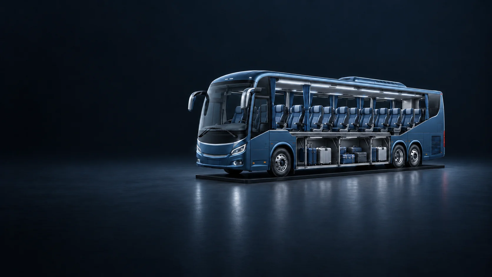 Blue intercity coach cutaway showing passenger seating and a luggage compartment.