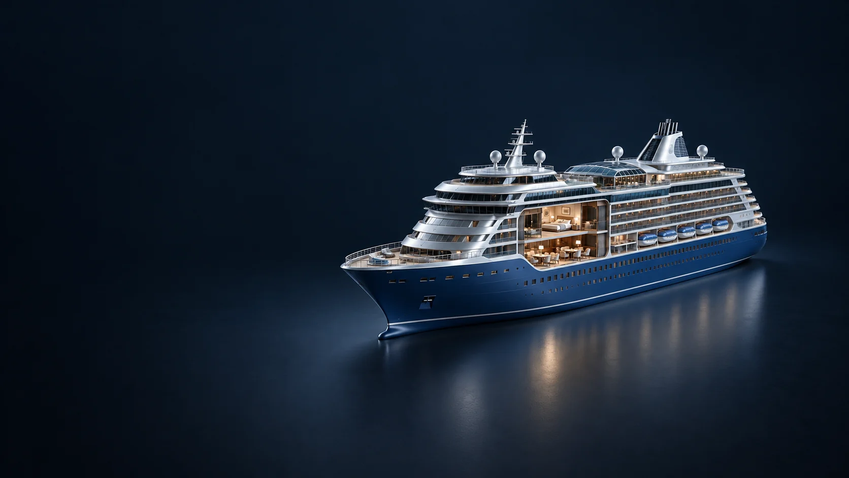 Blue and silver cruise-ship model with a cutaway cabin and dining area.