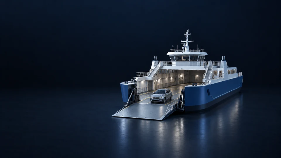 Blue vehicle ferry with an open boarding ramp and a generic car.