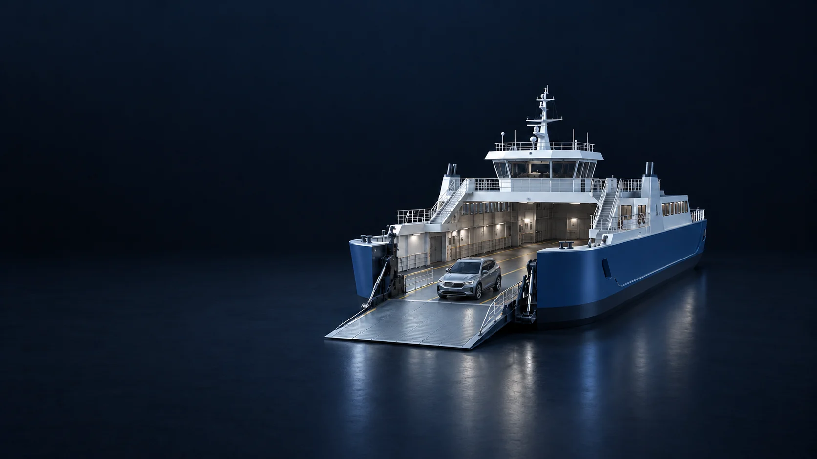 Blue vehicle ferry with an open boarding ramp and a generic car.