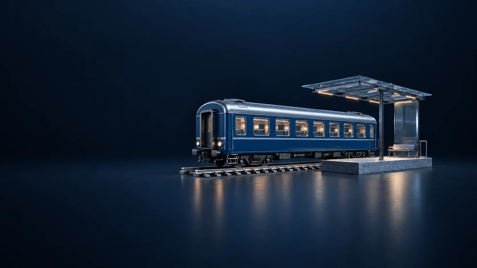 Blue passenger rail carriage beside a short platform with a glass canopy.