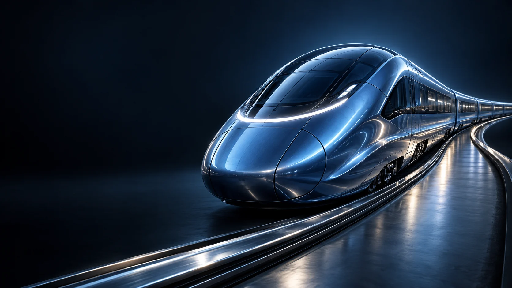 Streamlined blue passenger train on curving polished rails.