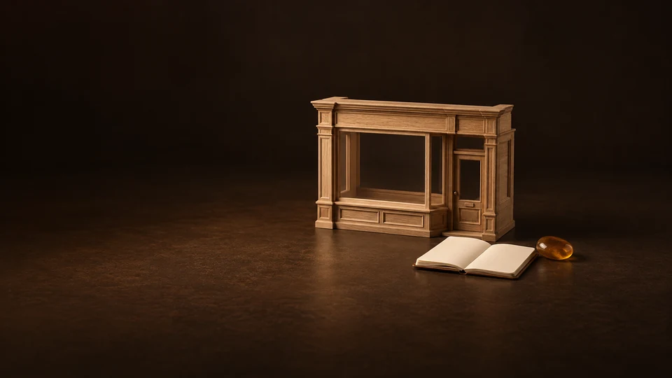Miniature oak storefront, open blank business notebook and amber conversation stone on a dark desk.