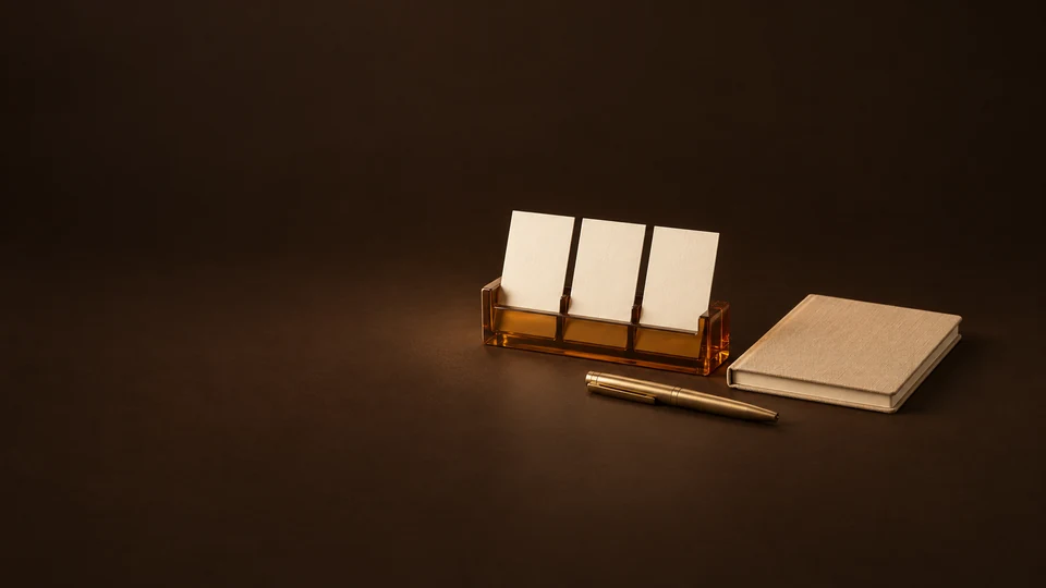 Three blank appointment cards in an amber holder beside a camel notebook and brass pen.