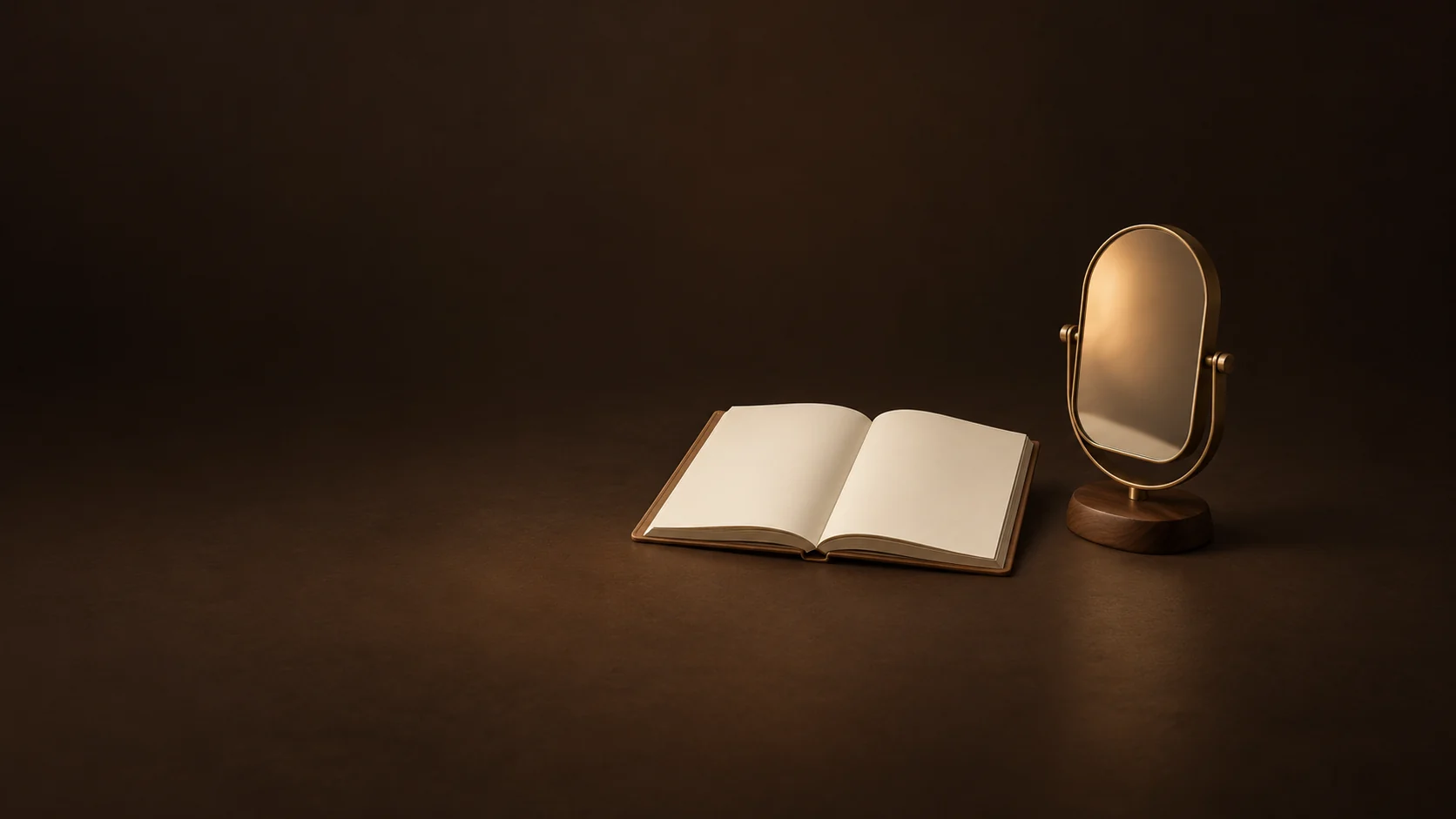 Open blank journal and curved brass mirror with an oak base on a dark warm surface.