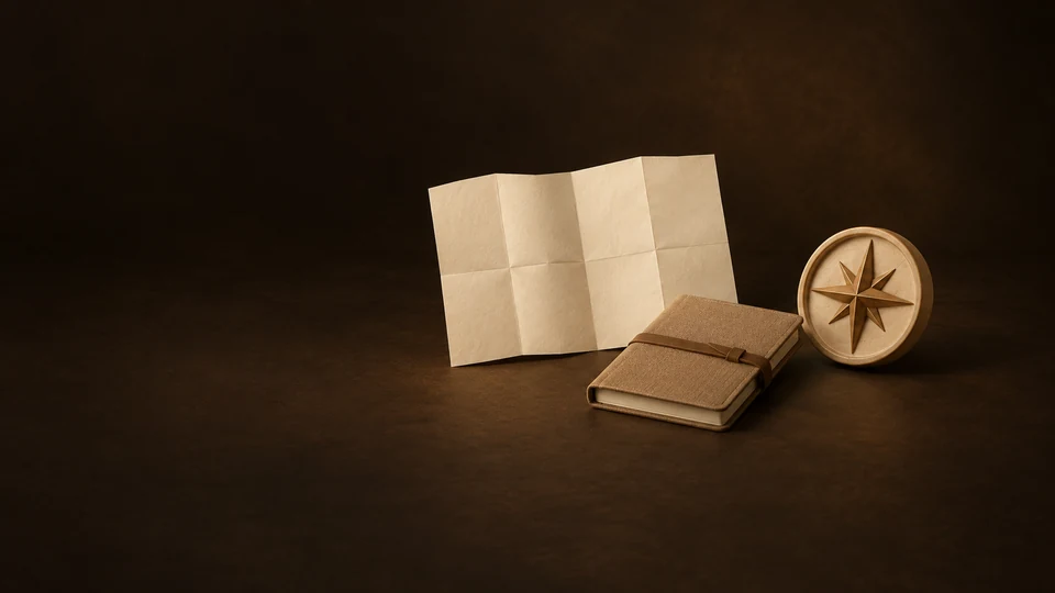 Blank folded map, camel journal and a ceramic compass-shaped object on a dark surface.