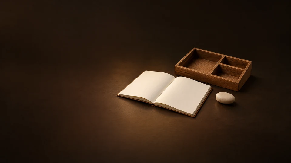 Open blank task notebook, compartmented oak organizer and appointment pebble.