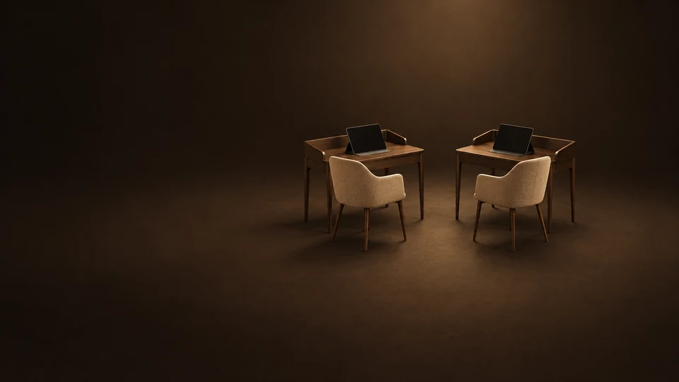 Two empty miniature oak desks with camel chairs and blank tablets in a warm dark studio.