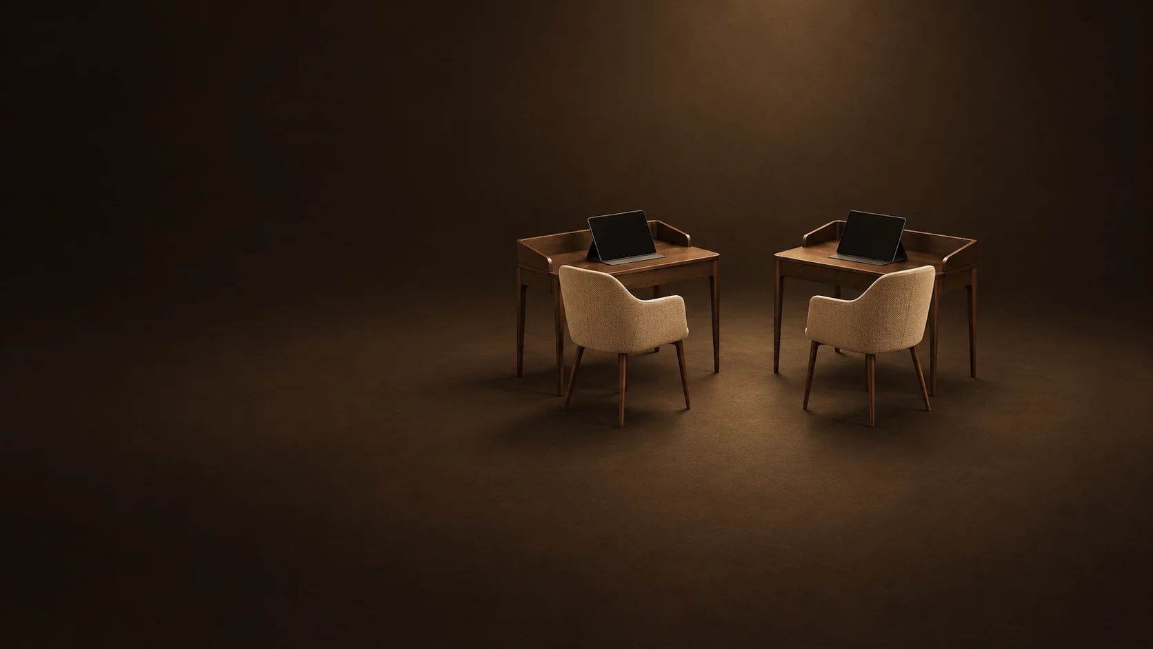 Two empty miniature oak desks with camel chairs and blank tablets in a warm dark studio.