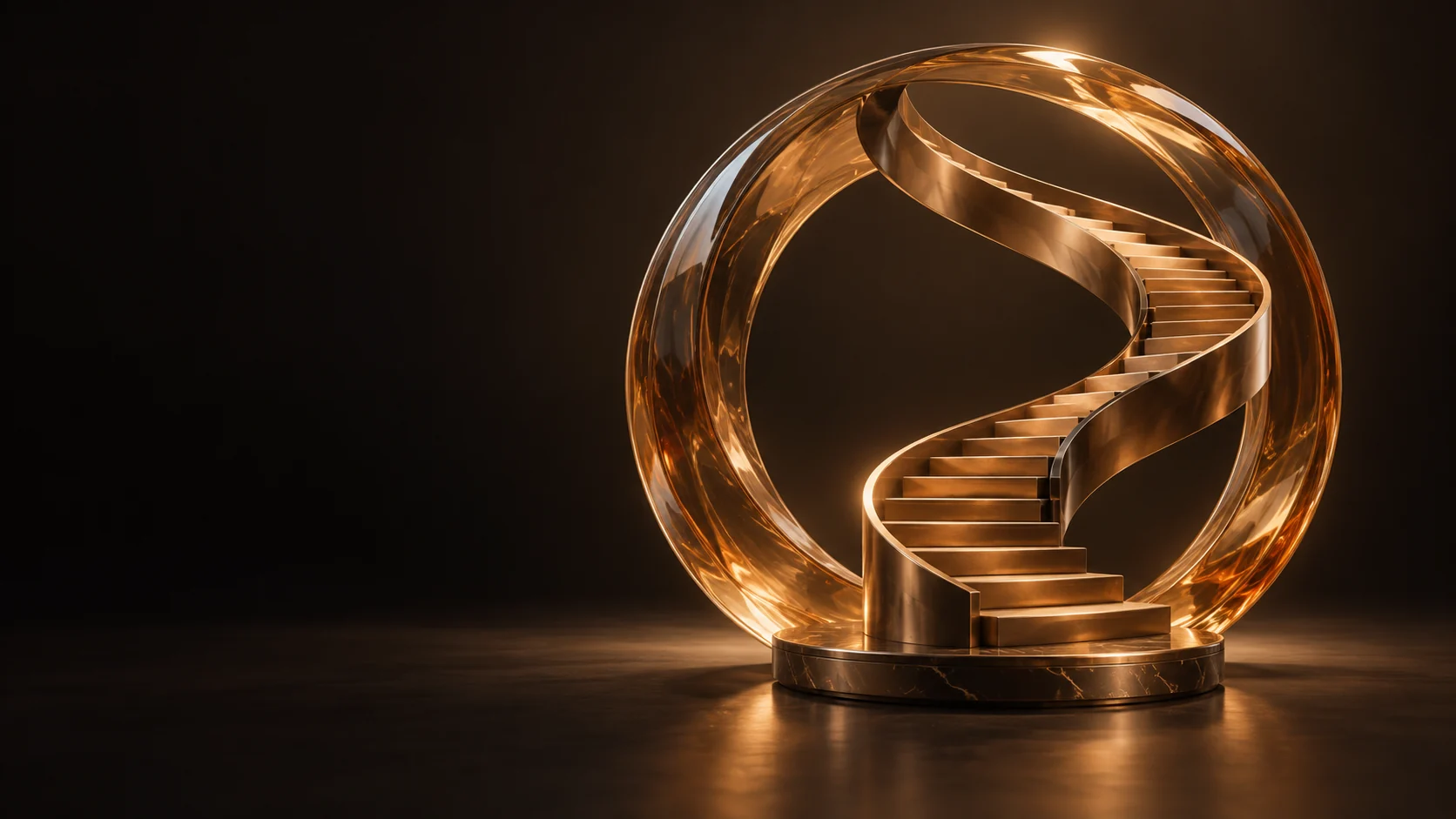 Golden spiral staircase inside a translucent amber ring.