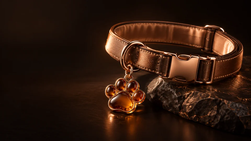 Copper-colored pet collar with an amber paw-shaped tag.