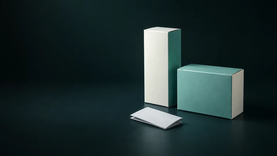 Two blank cartons of different proportions beside a folded ivory leaflet.