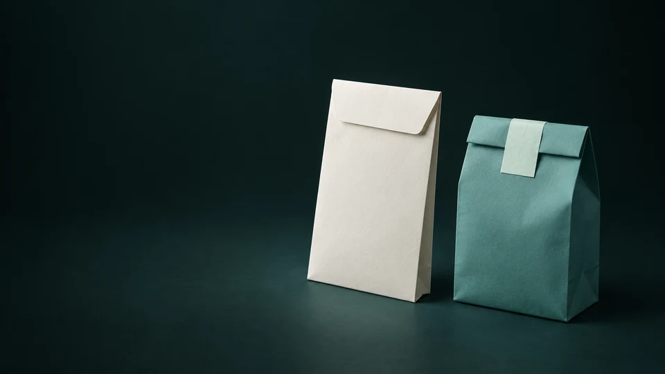 A blank ivory prescription envelope beside a separate closed teal paper collection bag.