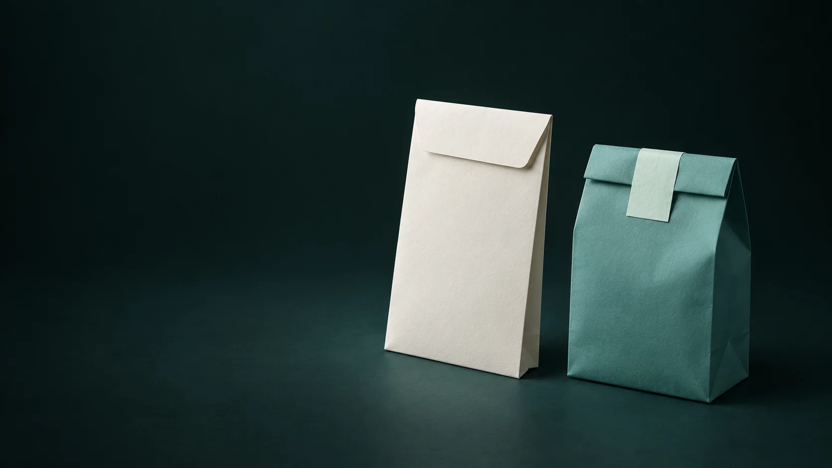 A blank ivory prescription envelope beside a separate closed teal paper collection bag.