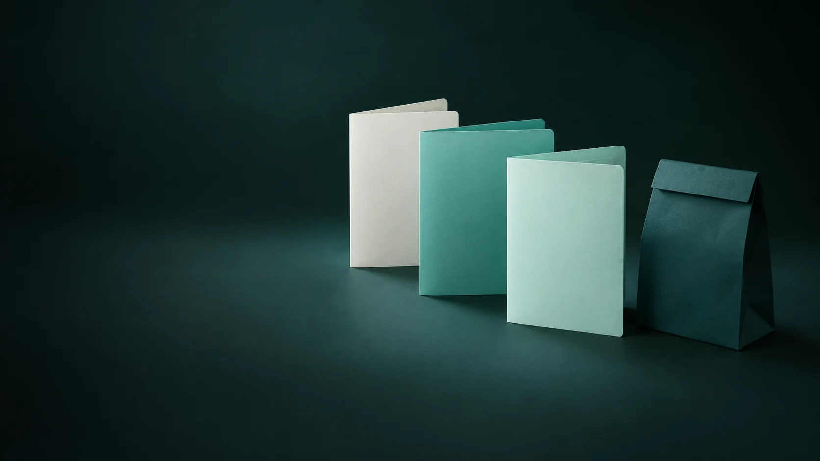 Three blank folders beside a separate folded teal paper bag.