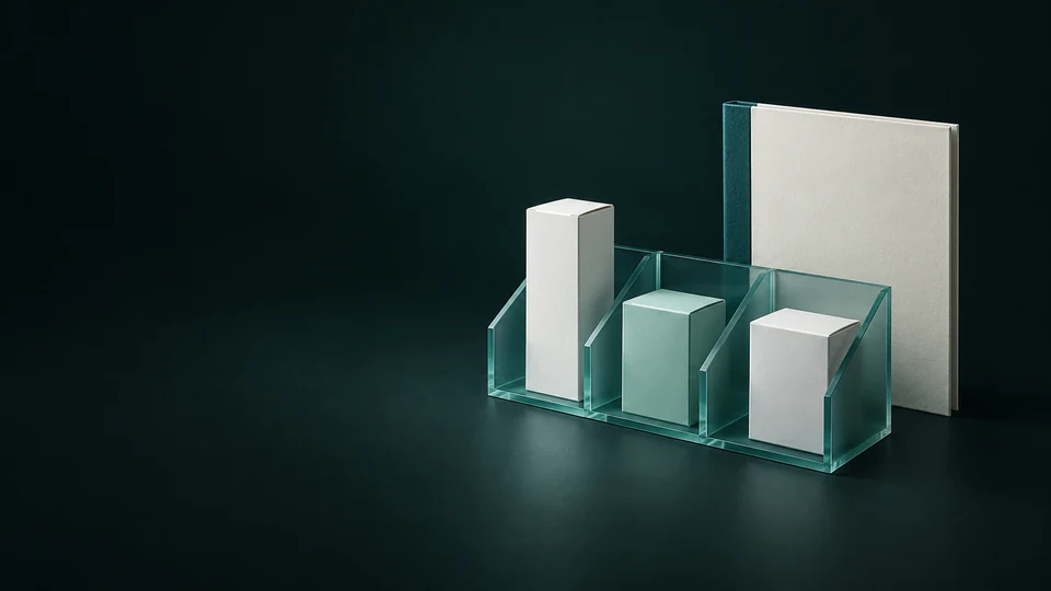 Three blank cartons in separate clear divider bays beside a closed ivory dossier.