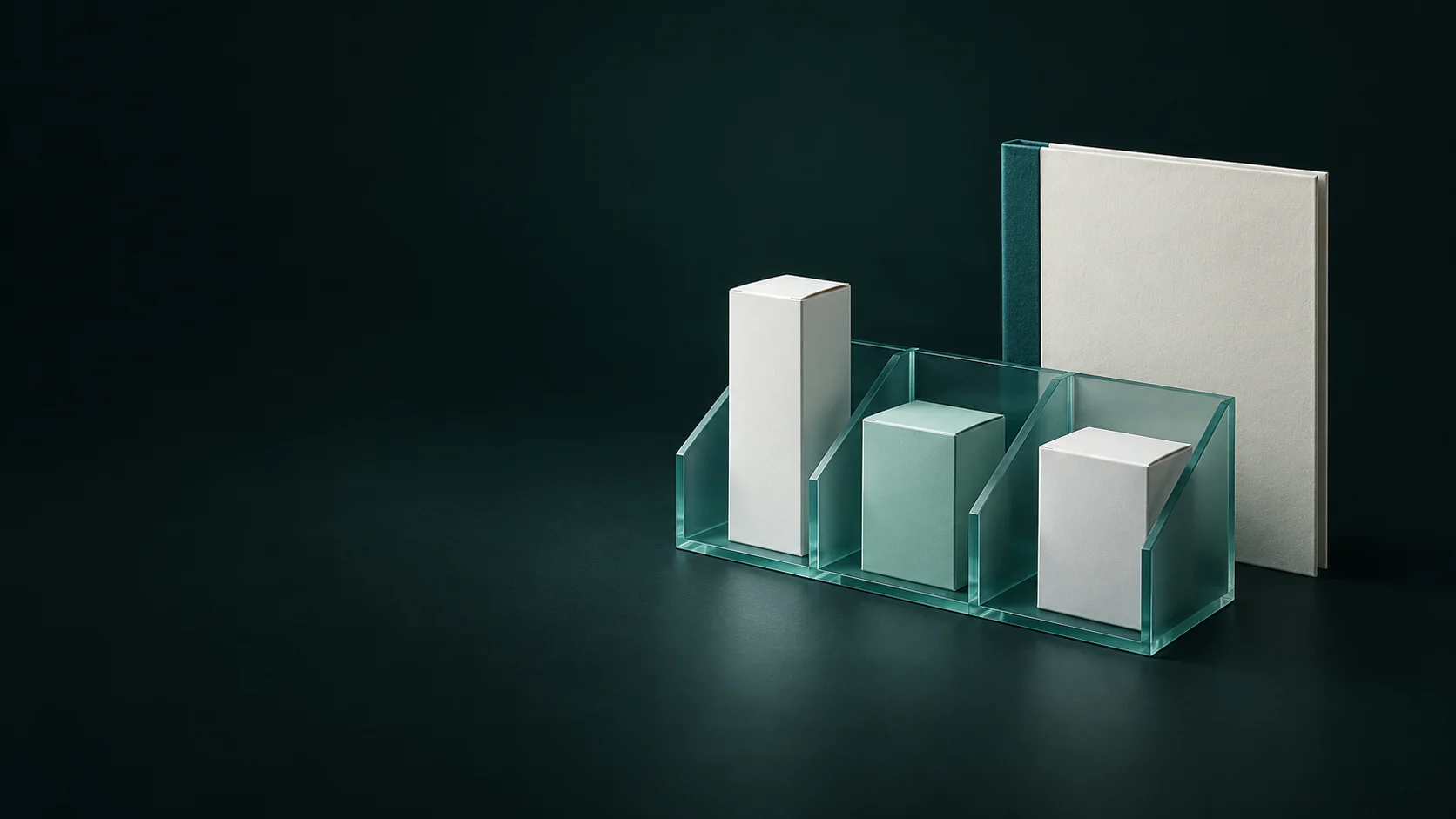 Three blank cartons in separate clear divider bays beside a closed ivory dossier.