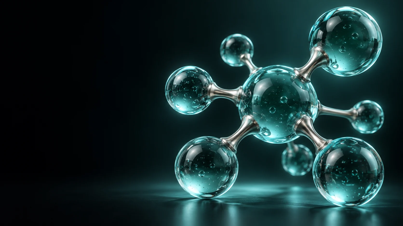 Translucent teal spheres joined by silver rods in an abstract molecular sculpture.