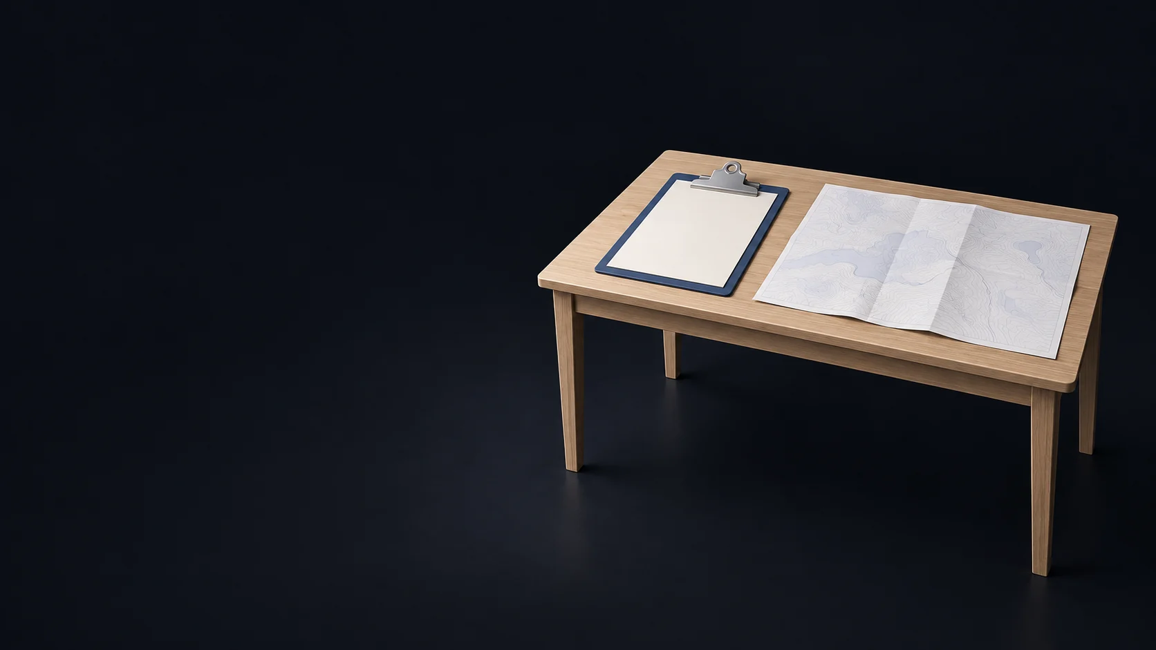 A complete oak information desk with blank clipboard form and an unlabeled abstract topographic map.