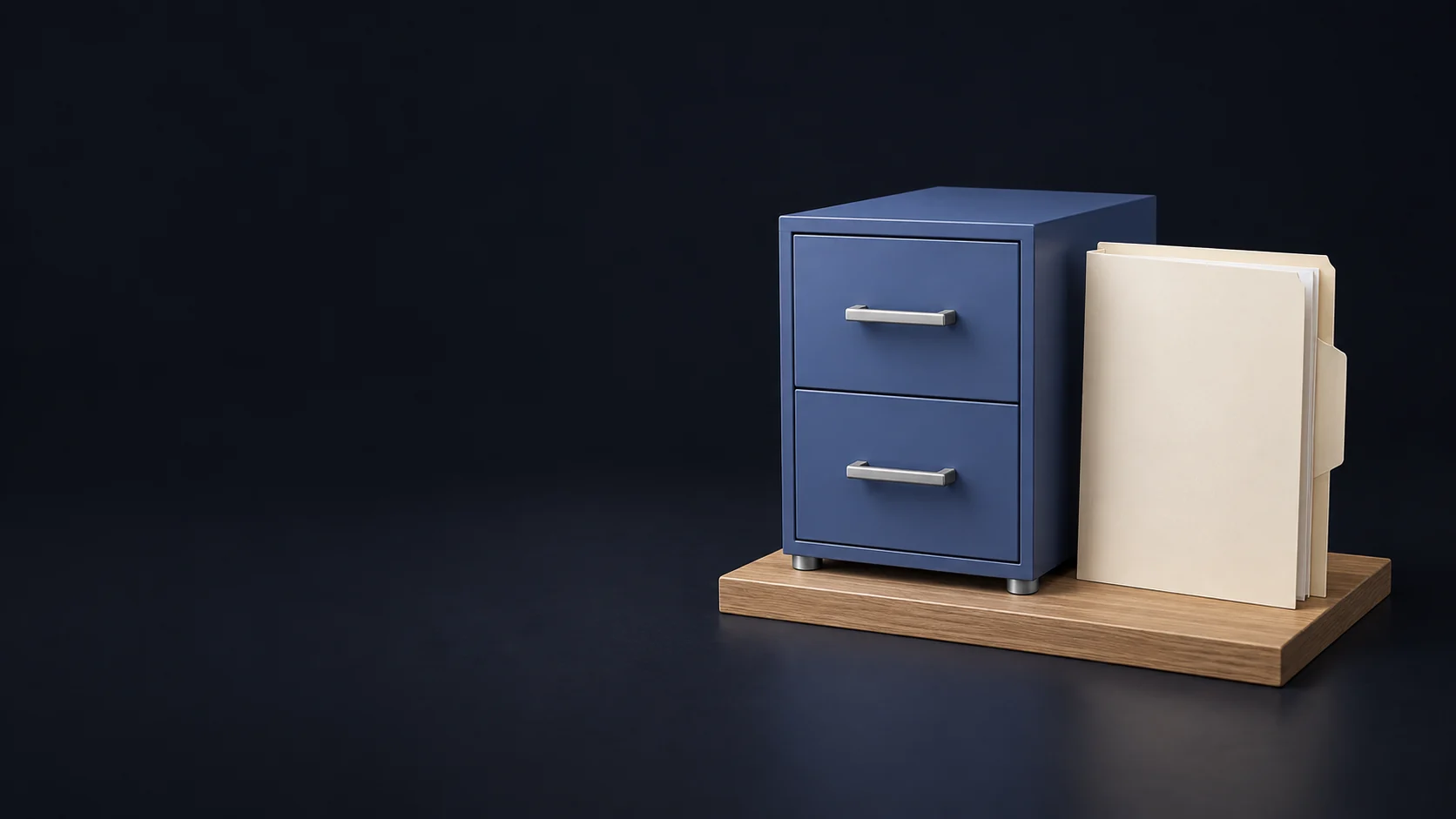 A complete indigo two-drawer filing cabinet beside an unmarked ivory folder on a low oak platform.