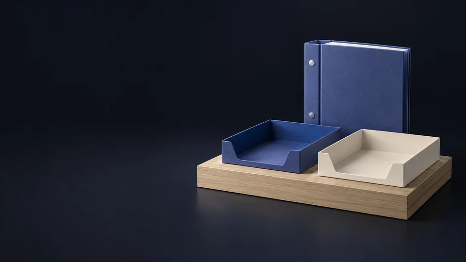 Two empty indigo and ivory document trays on a complete low oak counter with a thick unmarked indigo binder behind.
