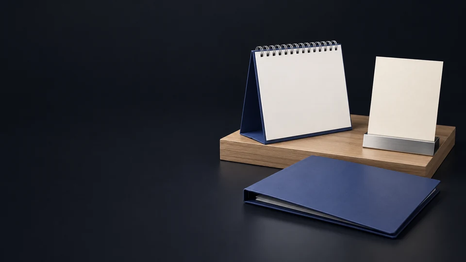 A blank ring-bound desk calendar, an unmarked ivory sheet in a silver holder and a closed indigo folder beside a complete oak counter.