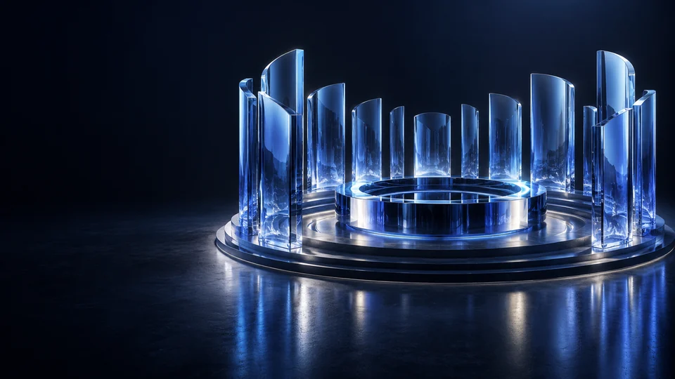 Curved blue glass panels arranged around a circular forum-like platform.