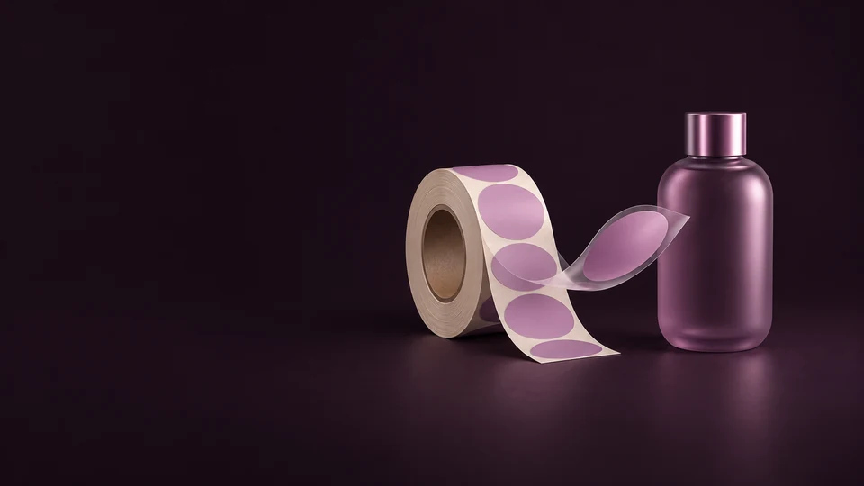 A roll of unmarked mauve labels curls toward a plain plum bottle with a separate transparent film sample.
