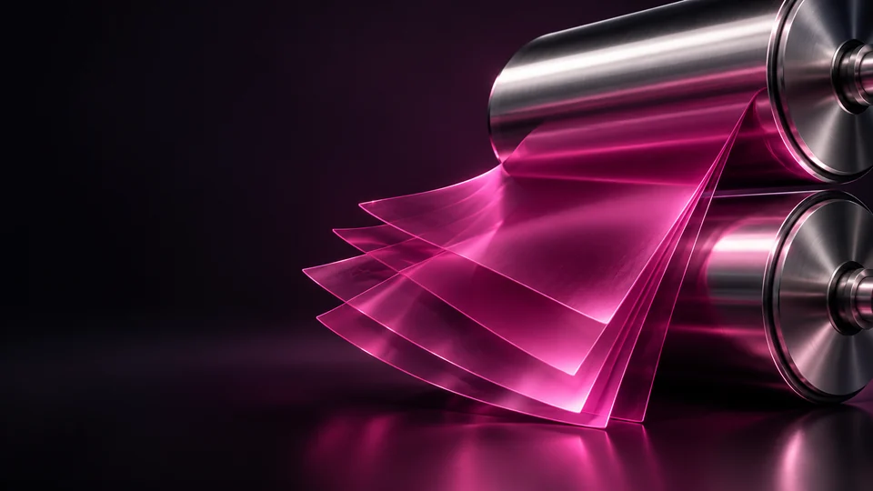 Brushed metal print rollers with curved translucent magenta sheets.