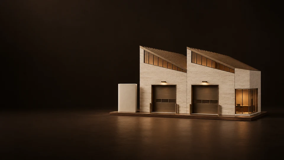 A compact two-bay warehouse model beside a closed blank proposal folder.