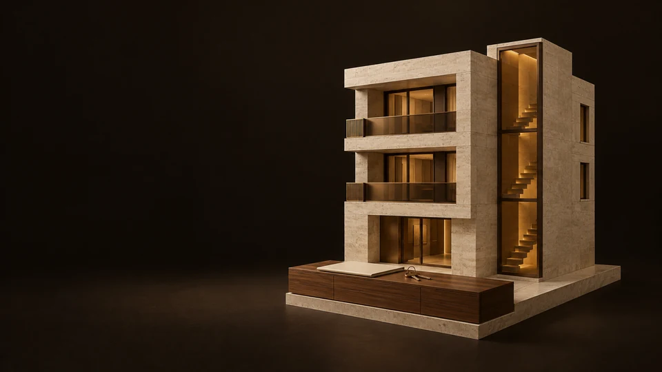 An apartment model with a blank management folder and a key ring.