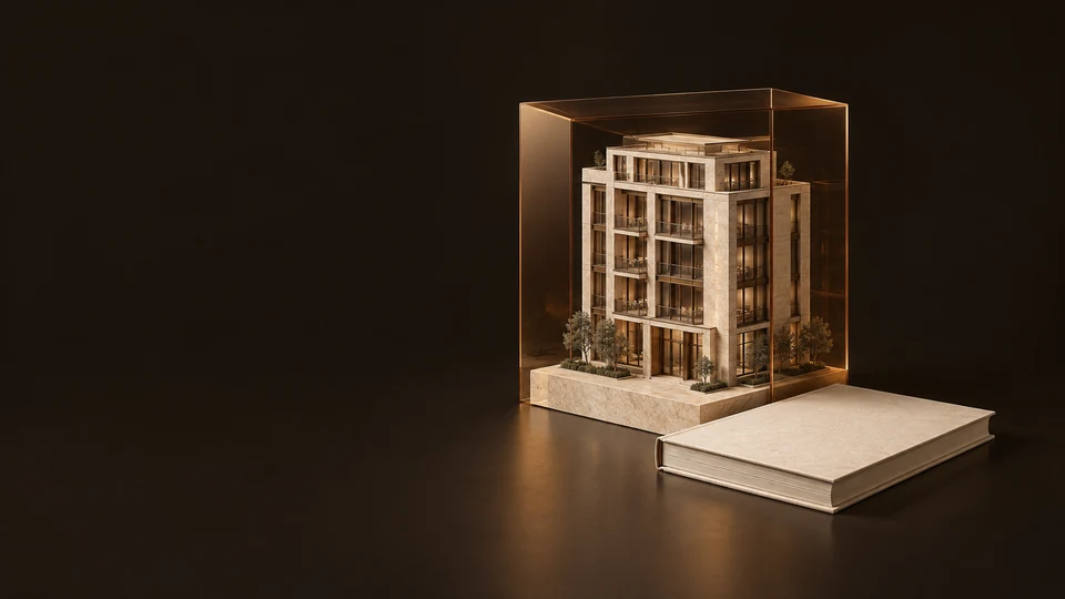 A travertine property model in an amber-glass sleeve beside a blank prospectus.