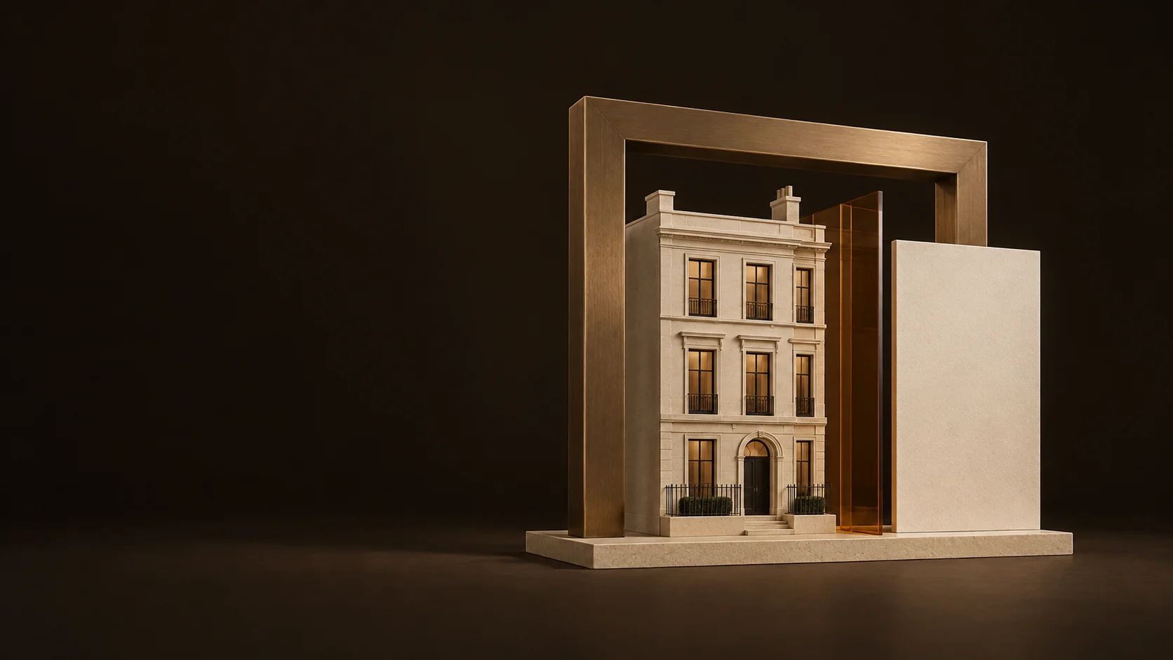A bronze portal frame around a townhouse model beside a blank listing card.