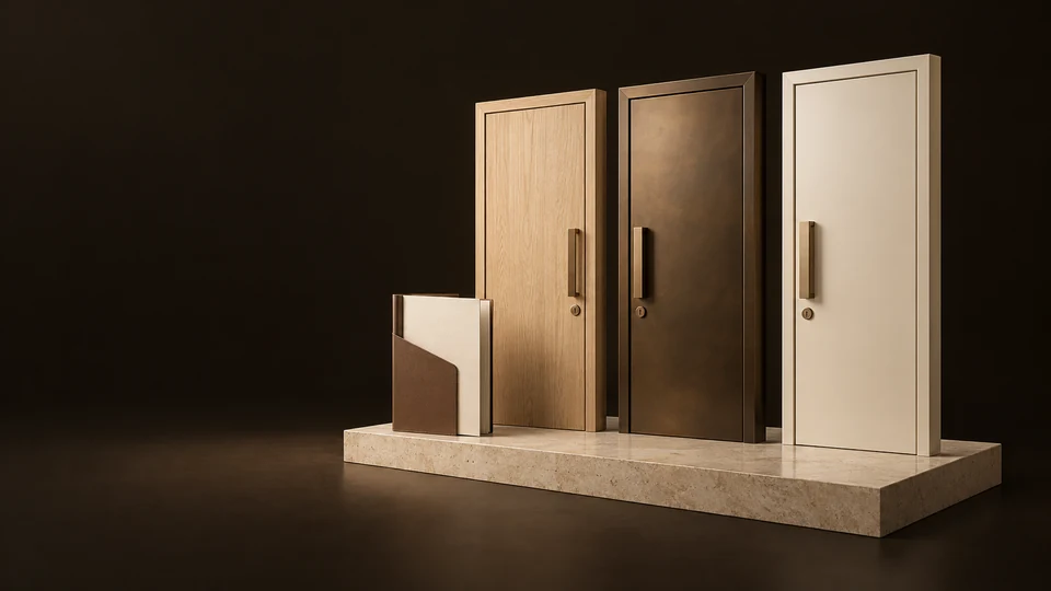 Three apartment entrance models beside an unmarked application folio.
