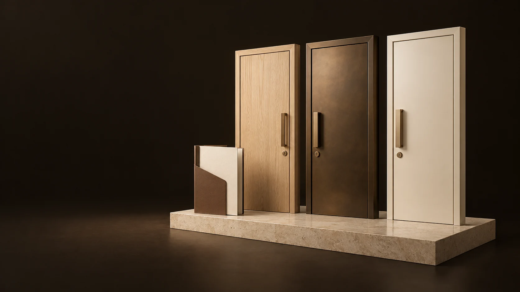 Three apartment entrance models beside an unmarked application folio.
