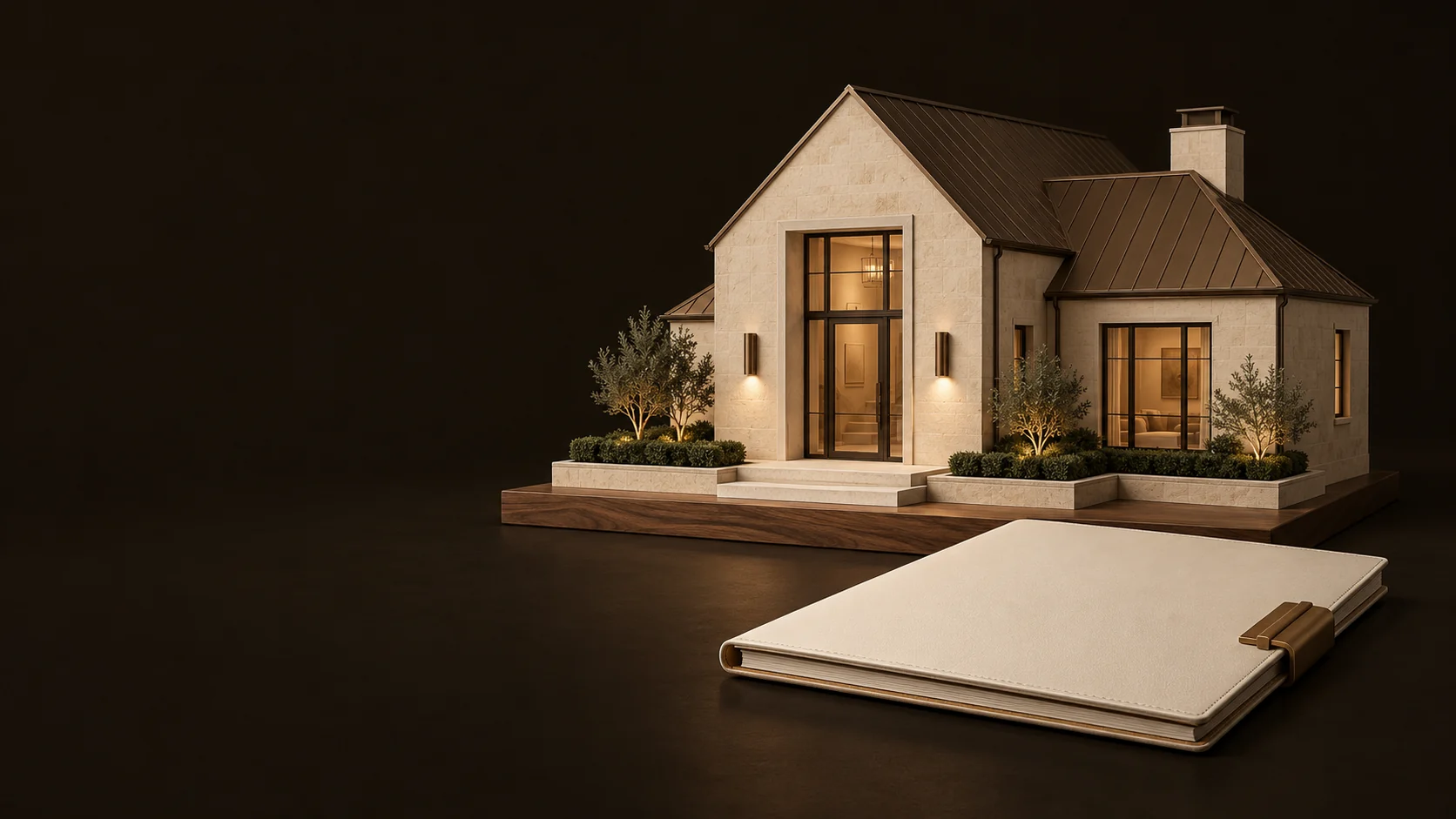 A complete pitched-roof home model beside a blank buyer-service folio.