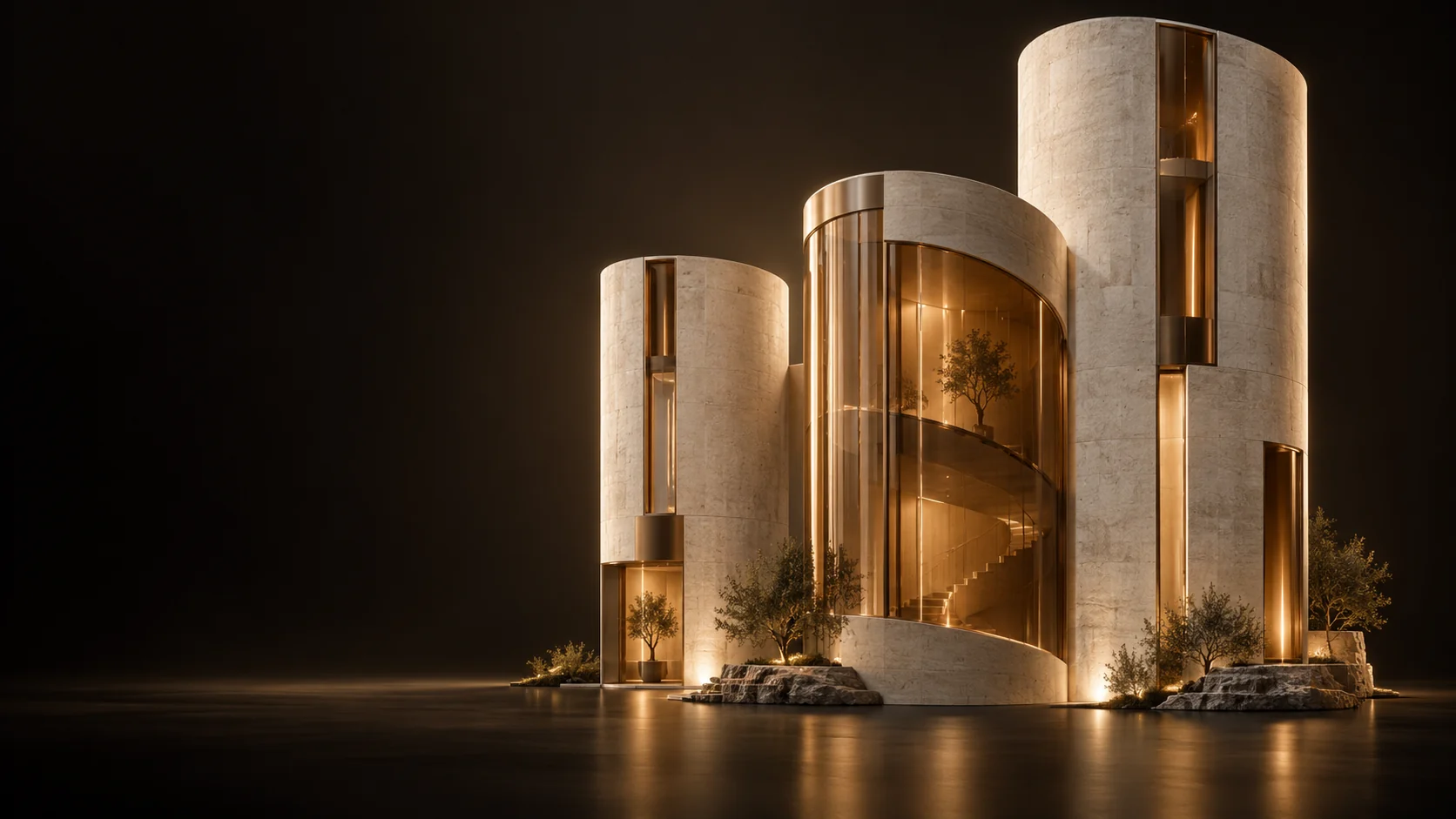 Three curved stone-and-glass building forms lit in warm amber.