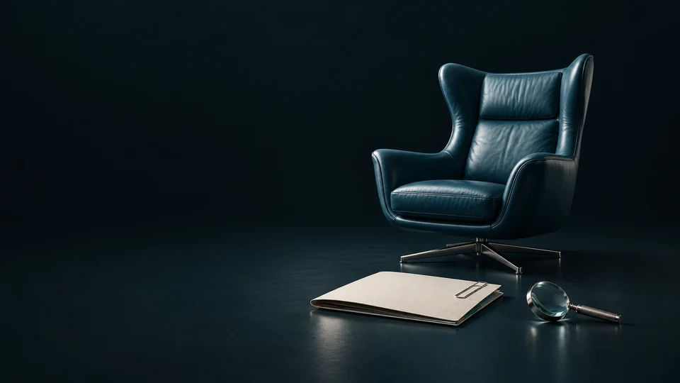 An empty blue leather executive chair with a blank folio and magnifying glass.