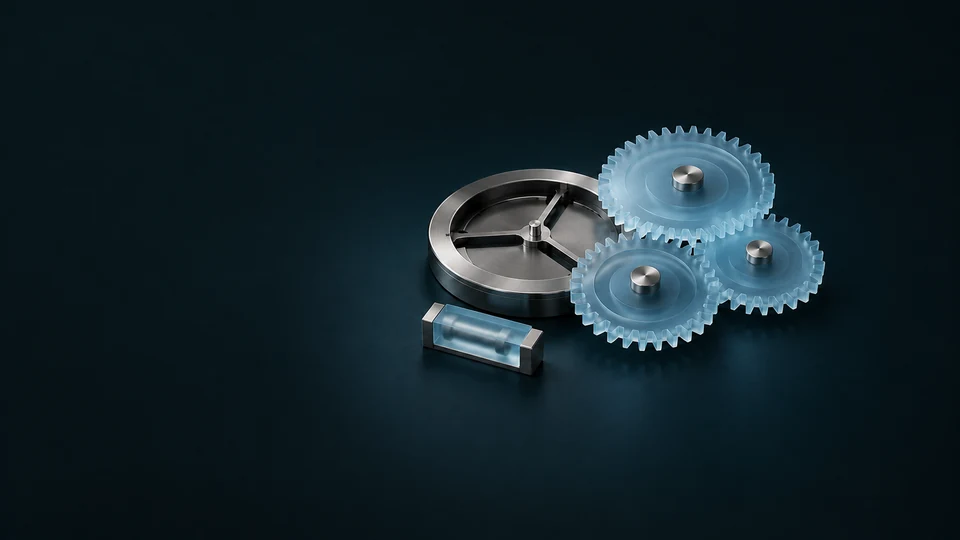 Three pale-blue gears beside a brushed-metal disk and a separate glass cartridge.