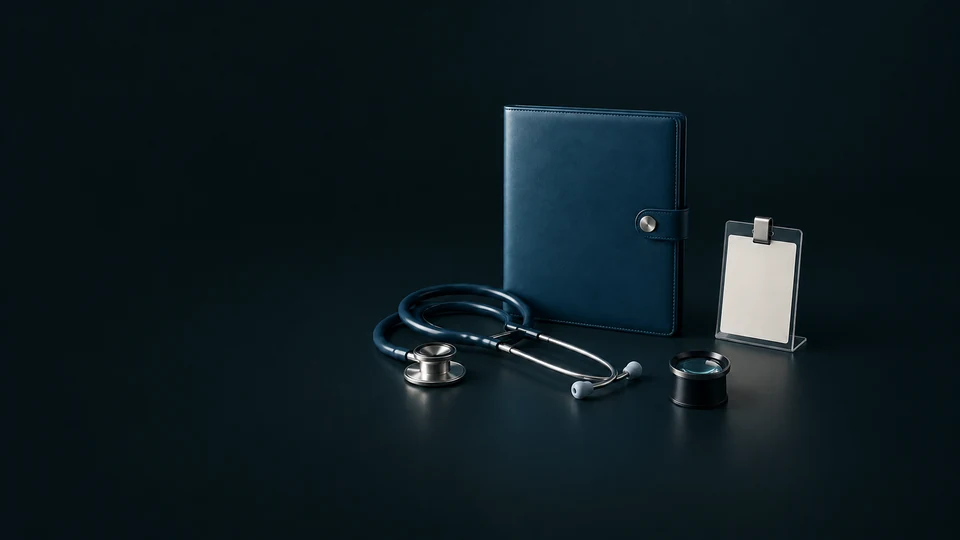 A blue credential folio with a stethoscope, blank badge and small optical lens.