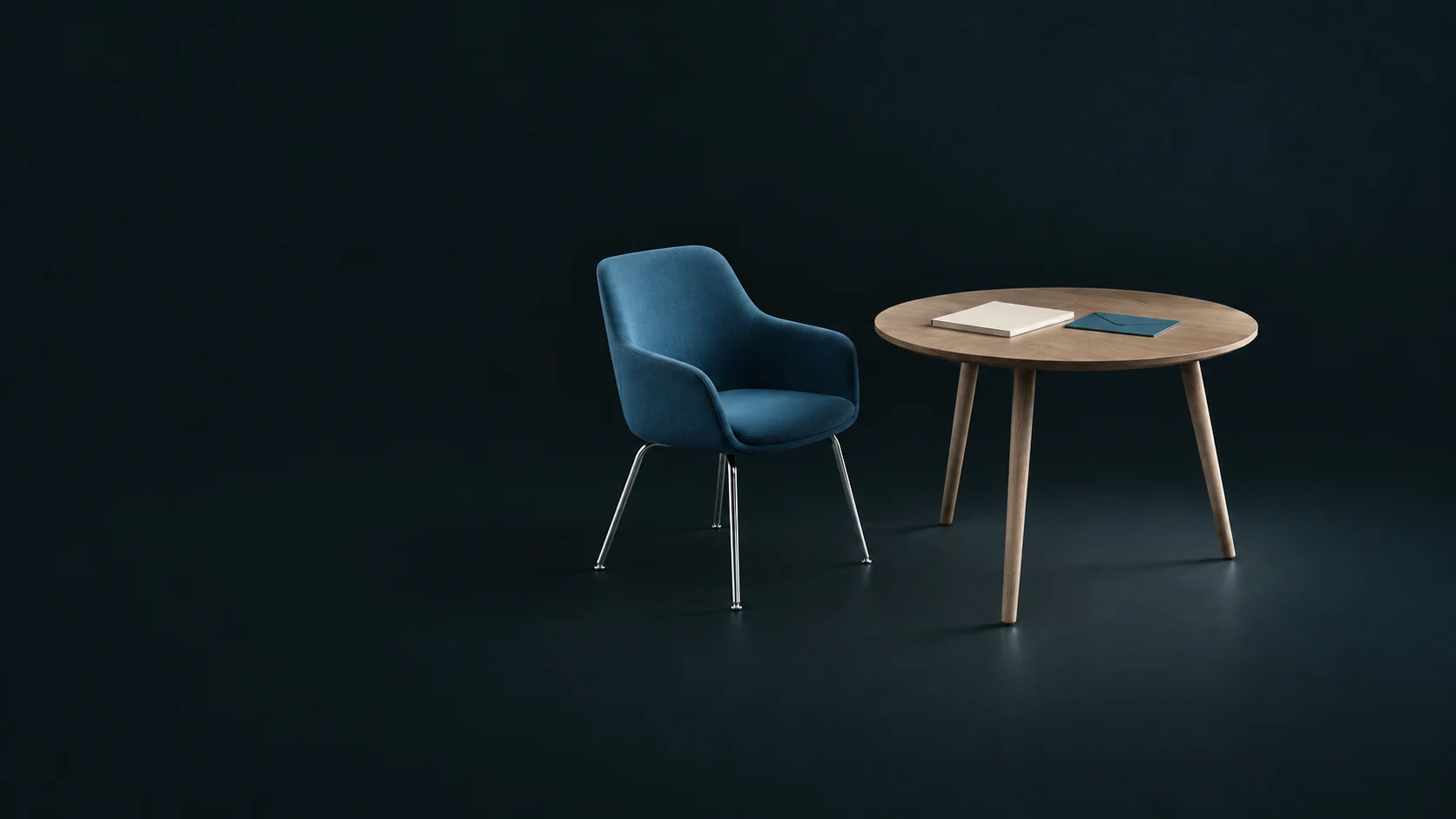 An empty blue chair beside a wooden interview table with a blank folio and envelope.