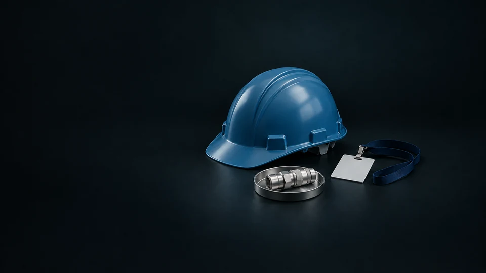 A blue safety helmet with a blank badge, coiled lanyard and metal quick coupler.