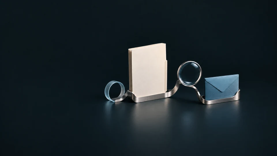 A curved metal organizer holding a blank folio, optical lens and blue envelope.
