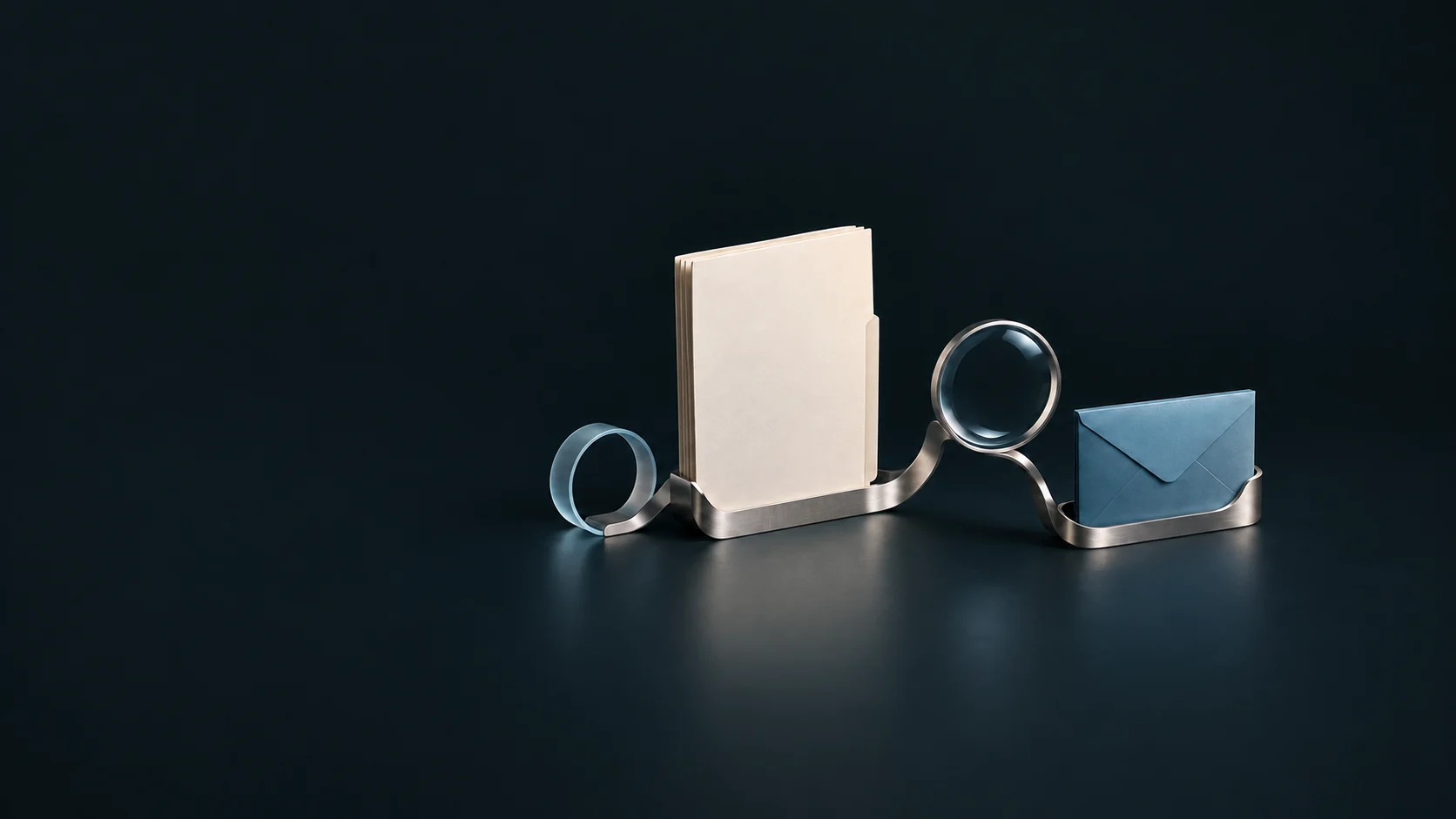 A curved metal organizer holding a blank folio, optical lens and blue envelope.