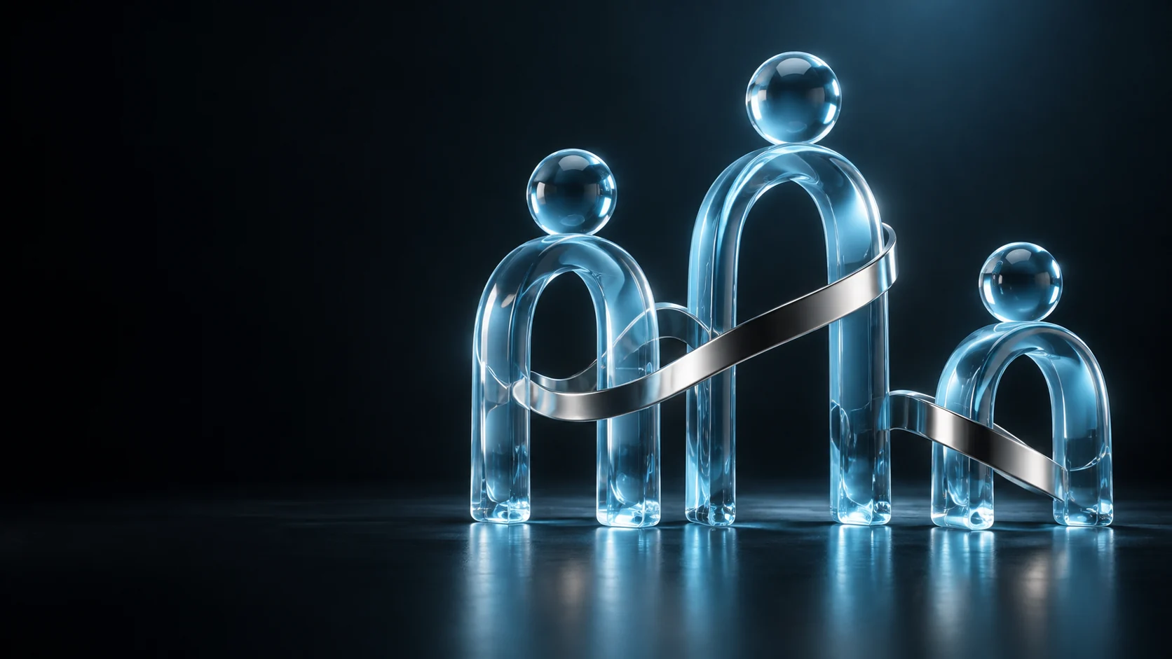 Three blue glass human-shaped sculptures joined by a silver ribbon.
