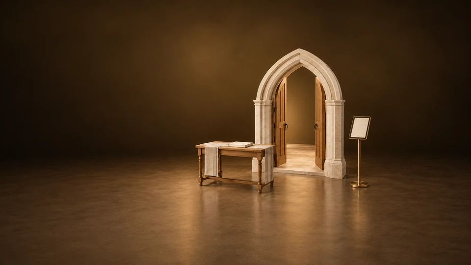 Pale pointed church doorway with open oak doors, a welcome table and a blank tablet on a brass stand.