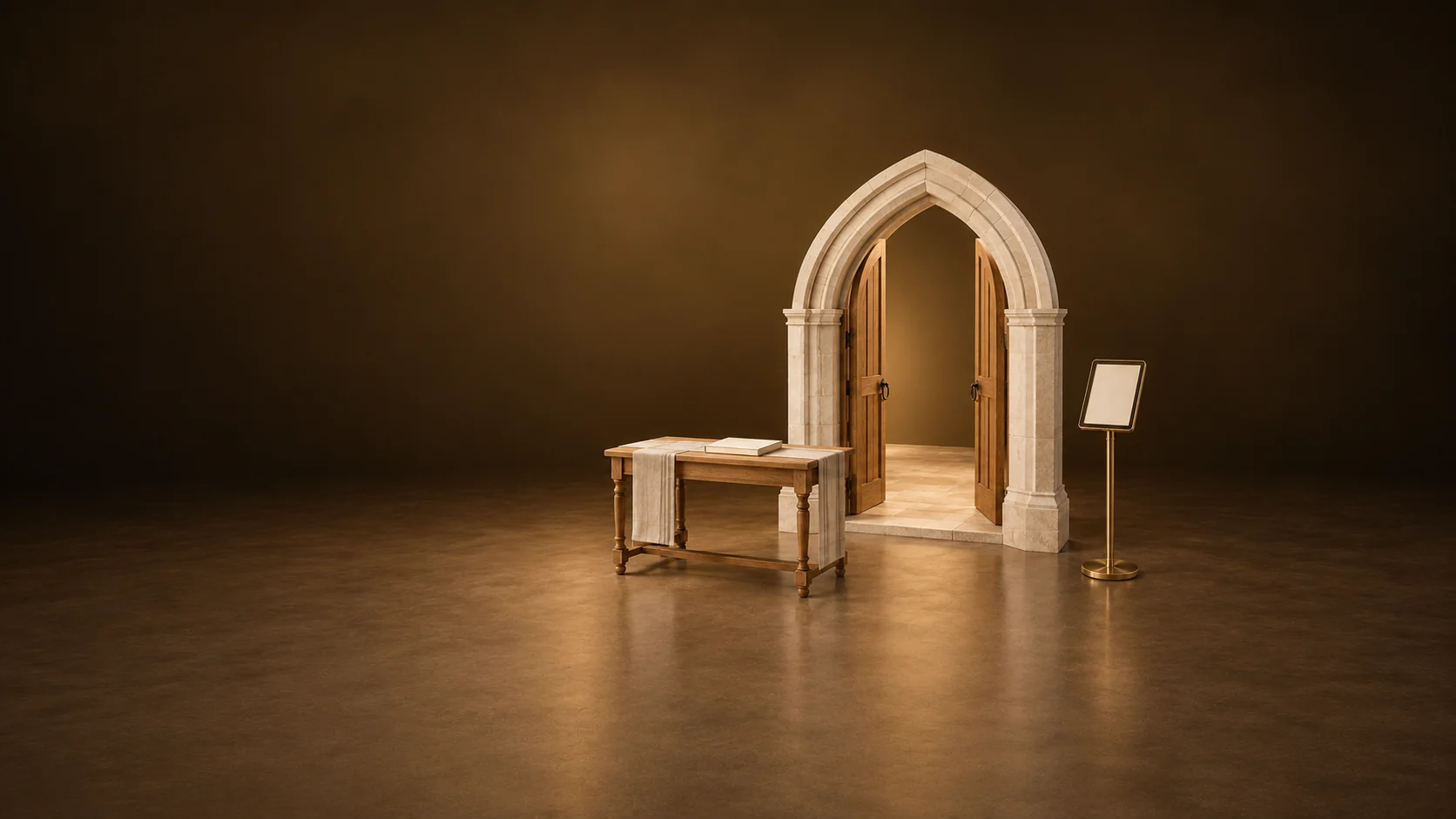 Pale pointed church doorway with open oak doors, a welcome table and a blank tablet on a brass stand.